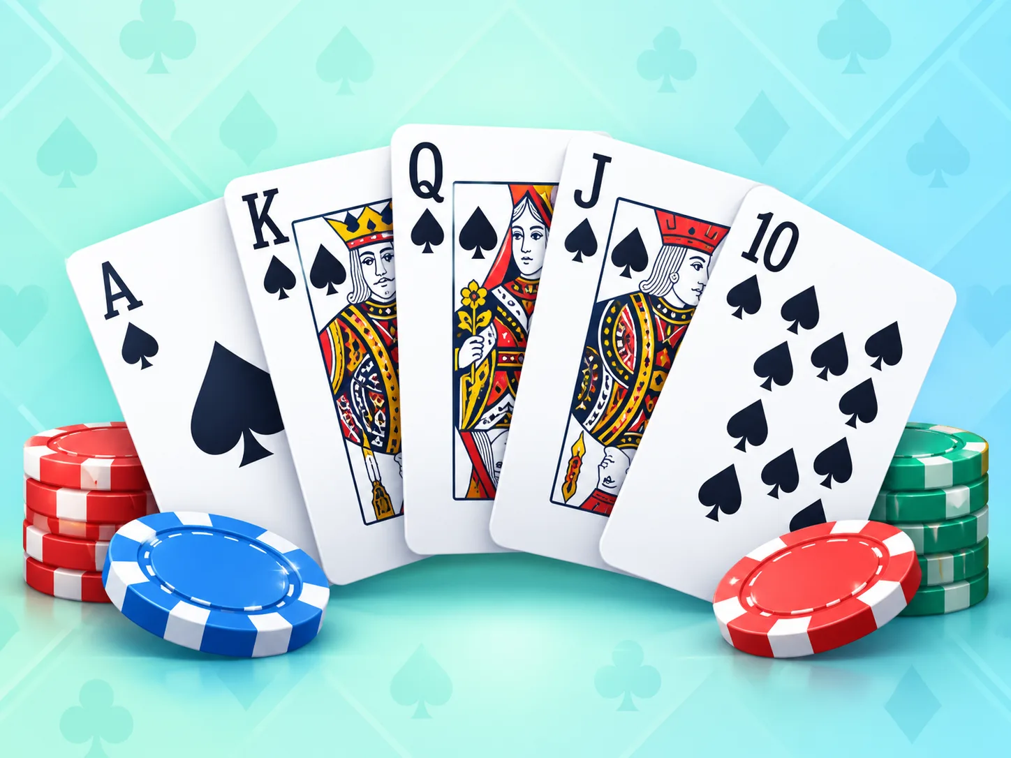 Royal flush of spades fanned out beside stacks of poker chips